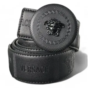 Versace Black Leather Belt with Medusa Round Buckle