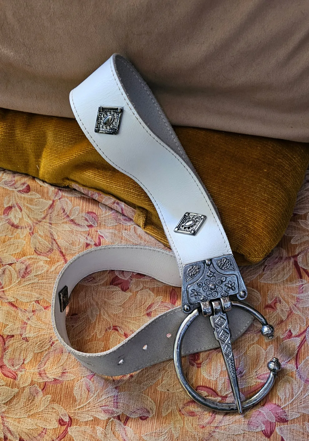 Vintage White Leather Belt with Ornate Silver buckle