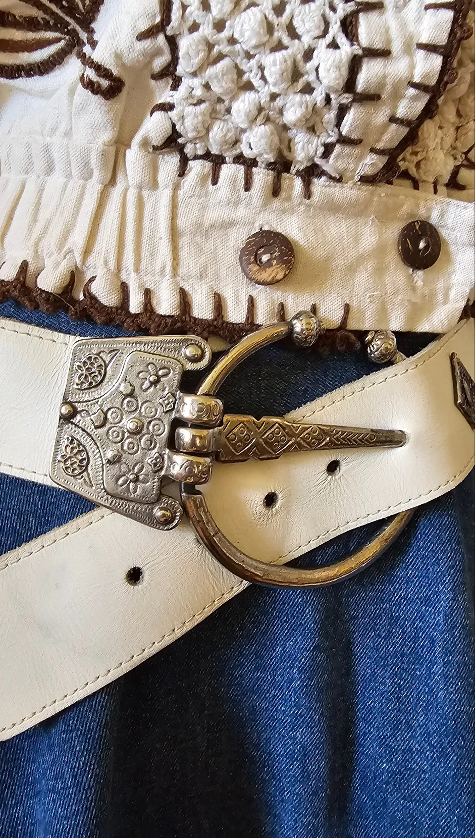 Vintage White Leather Belt with Ornate Silver buckle