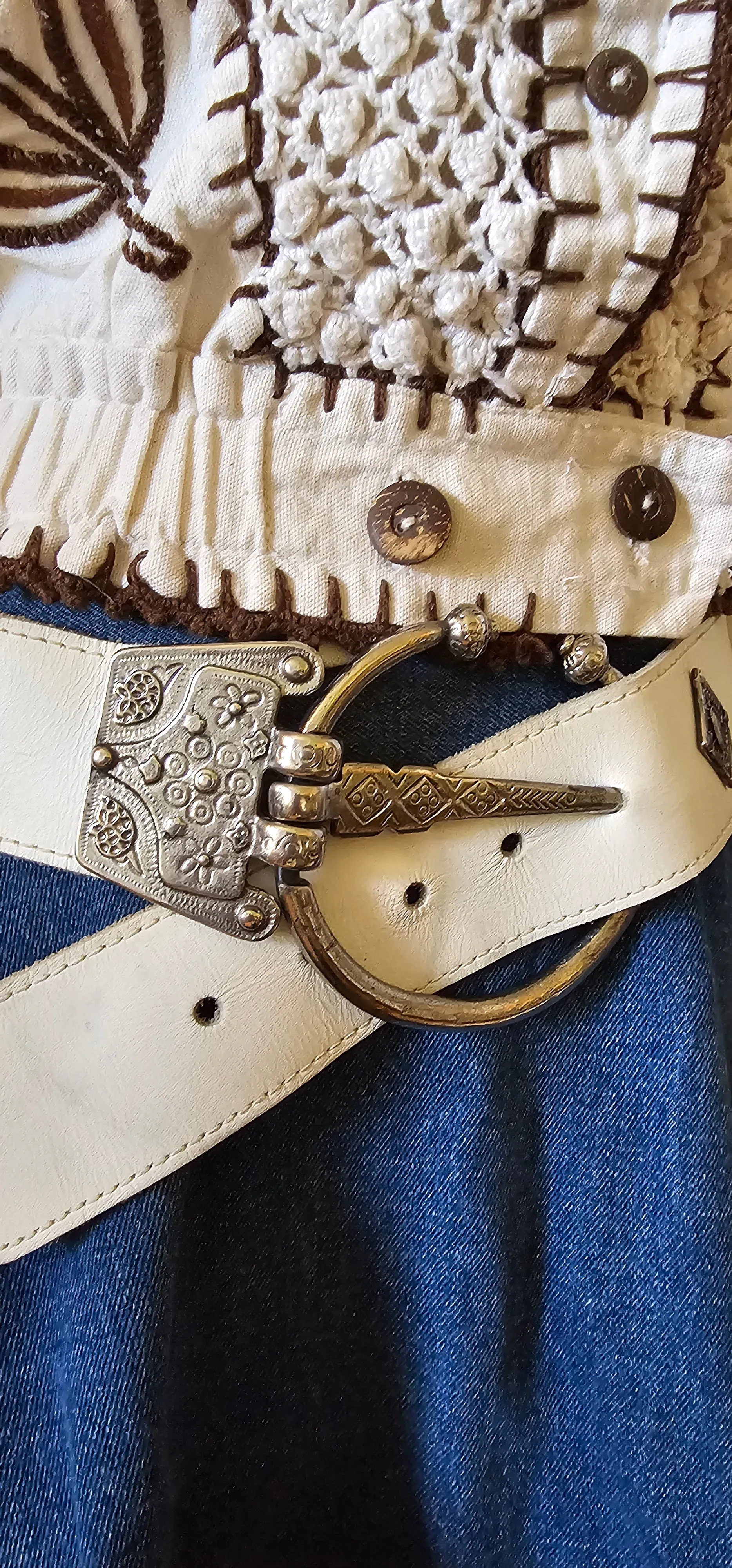 Vintage White Leather Belt with Ornate Silver buckle