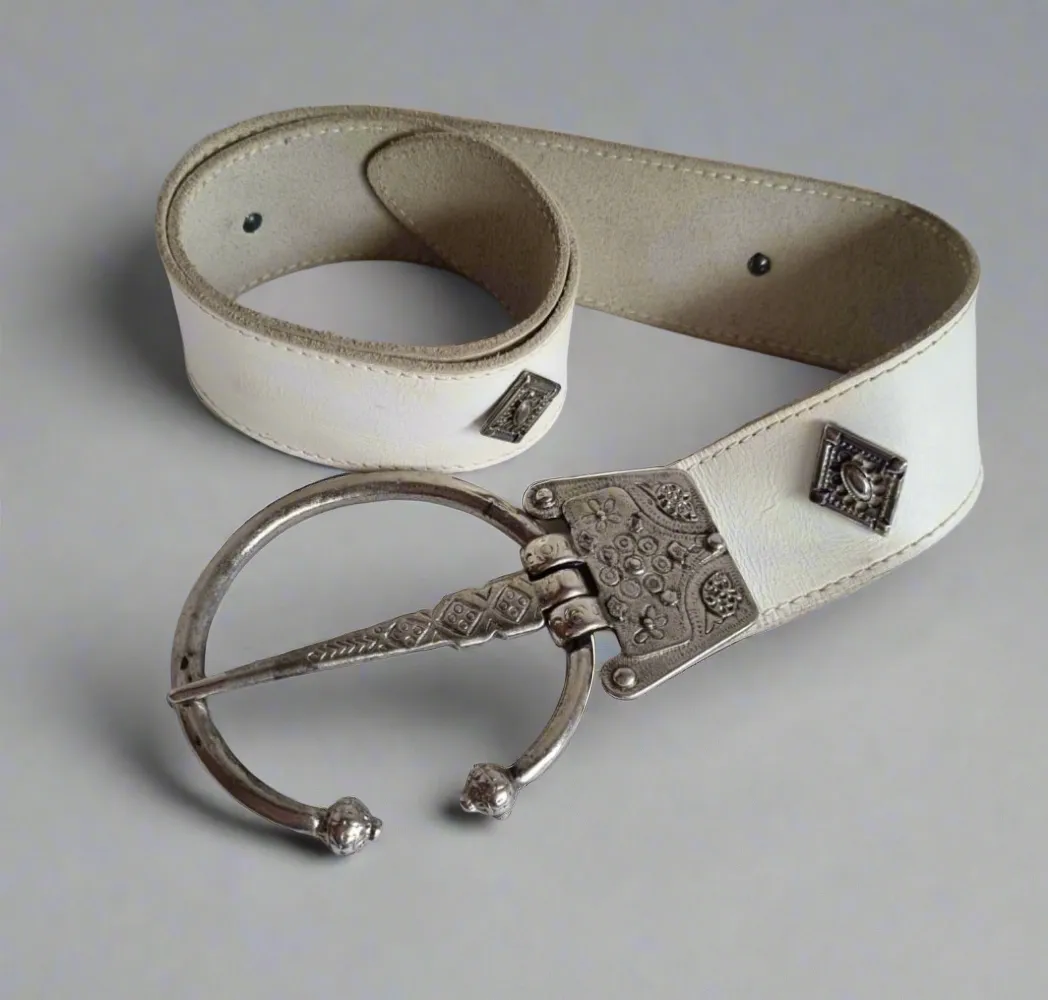 Vintage White Leather Belt with Ornate Silver buckle