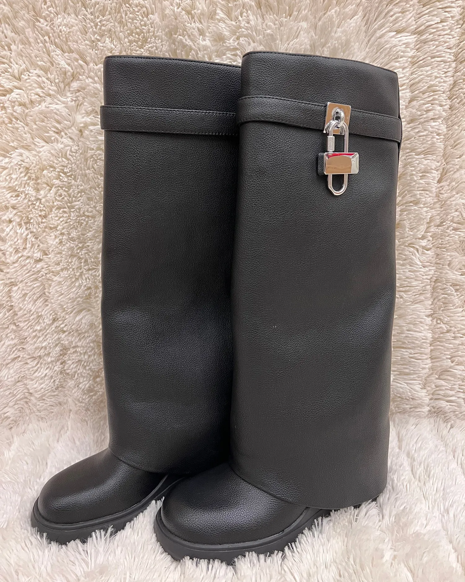 Wedge Leather Pants Lock Knee High Boots For Women