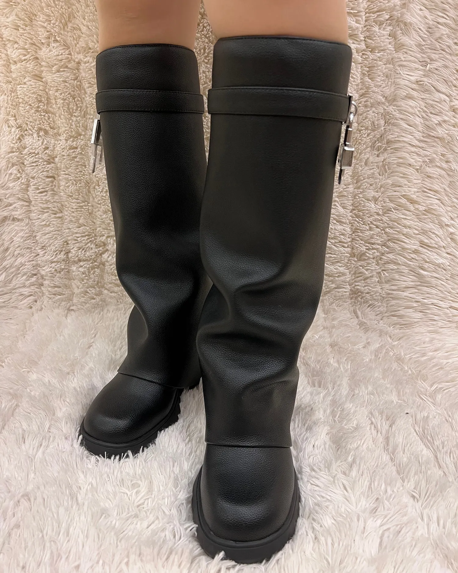 Wedge Leather Pants Lock Knee High Boots For Women