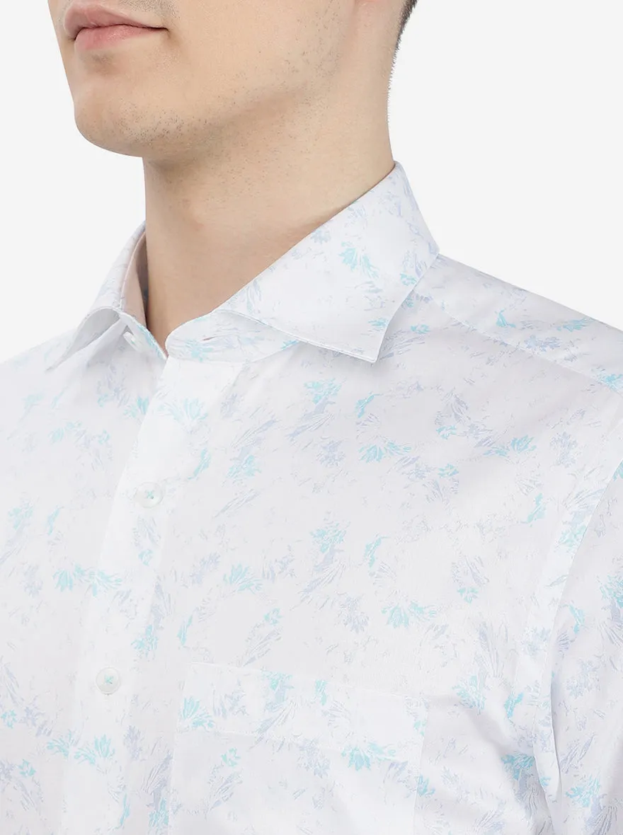 White & Blue Printed Slim Fit Formal Shirt | Metal