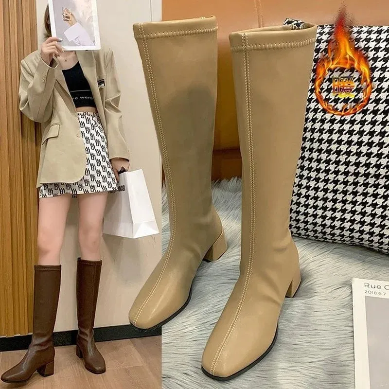 Women Black High Heel Long Boots Fashion Autumn Winter Warm Knee High Boots Soft Leather Thigh High Boots Shoes Zipper Size 42