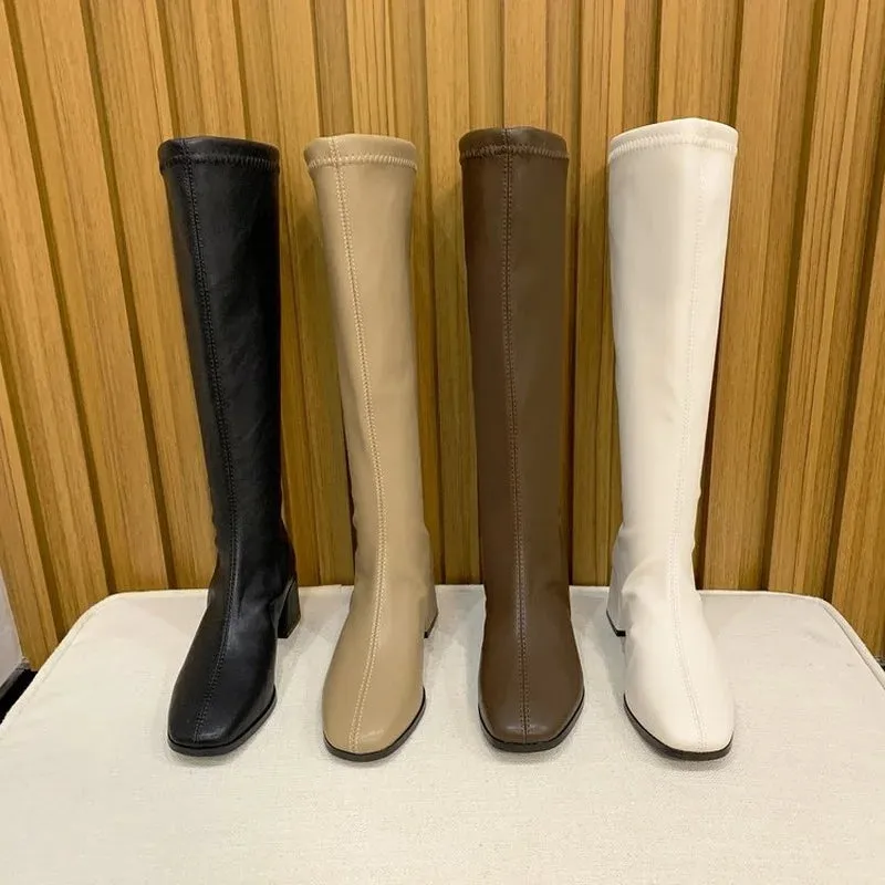Women Black High Heel Long Boots Fashion Autumn Winter Warm Knee High Boots Soft Leather Thigh High Boots Shoes Zipper Size 42