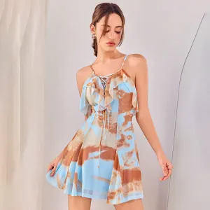 Women Mesh Printed Seaside Vacation Cami Dress