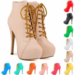 Women Short Boots High Heels Platform Lace Up Retro Shoes Female Soft Leather Fashion Ankle Booties Party Round Toe