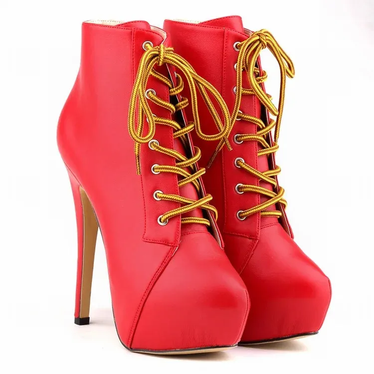 Women Short Boots High Heels Platform Lace Up Retro Shoes Female Soft Leather Fashion Ankle Booties Party Round Toe