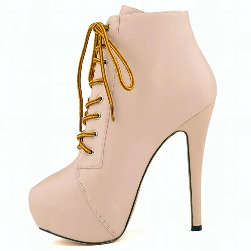Women Short Boots High Heels Platform Lace Up Retro Shoes Female Soft Leather Fashion Ankle Booties Party Round Toe