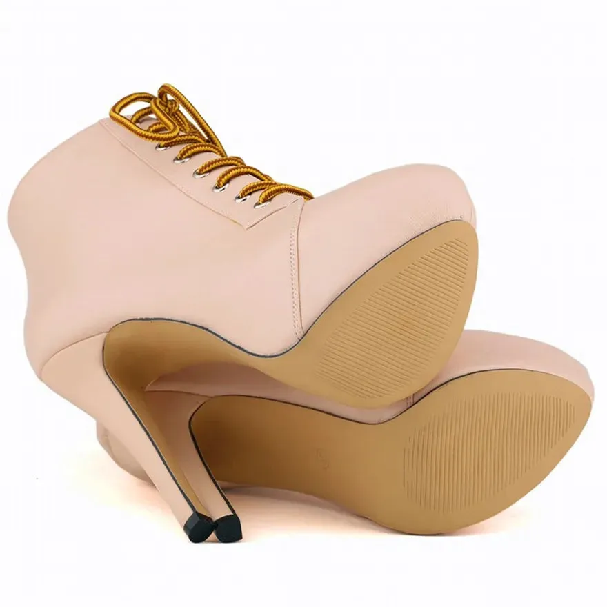 Women Short Boots High Heels Platform Lace Up Retro Shoes Female Soft Leather Fashion Ankle Booties Party Round Toe