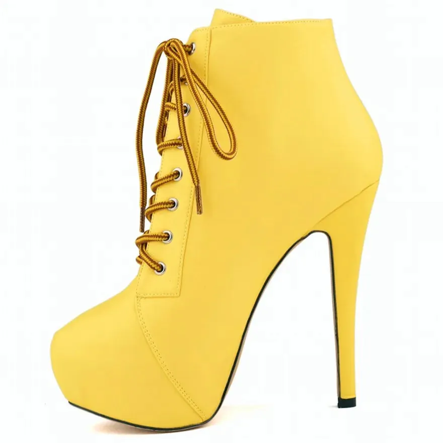 Women Short Boots High Heels Platform Lace Up Retro Shoes Female Soft Leather Fashion Ankle Booties Party Round Toe