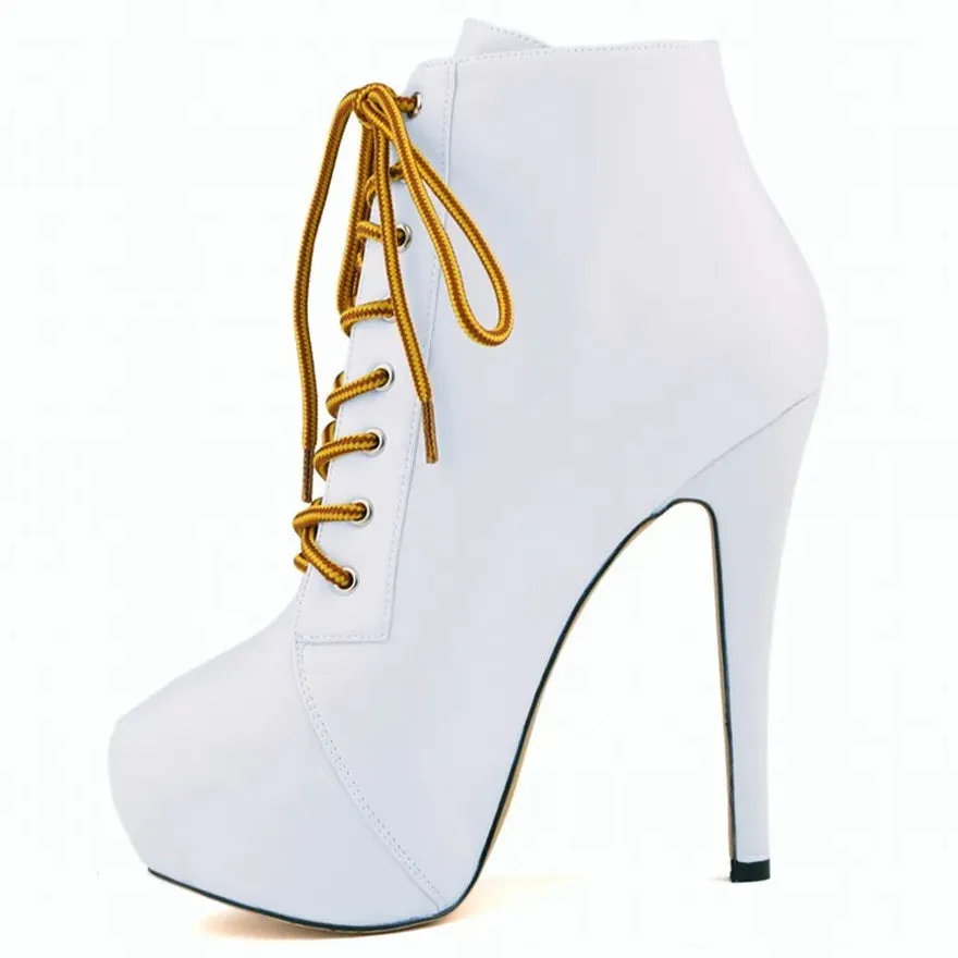 Women Short Boots High Heels Platform Lace Up Retro Shoes Female Soft Leather Fashion Ankle Booties Party Round Toe