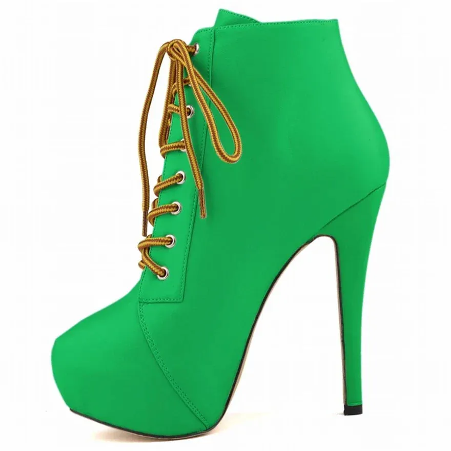 Women Short Boots High Heels Platform Lace Up Retro Shoes Female Soft Leather Fashion Ankle Booties Party Round Toe