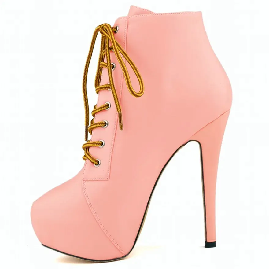 Women Short Boots High Heels Platform Lace Up Retro Shoes Female Soft Leather Fashion Ankle Booties Party Round Toe