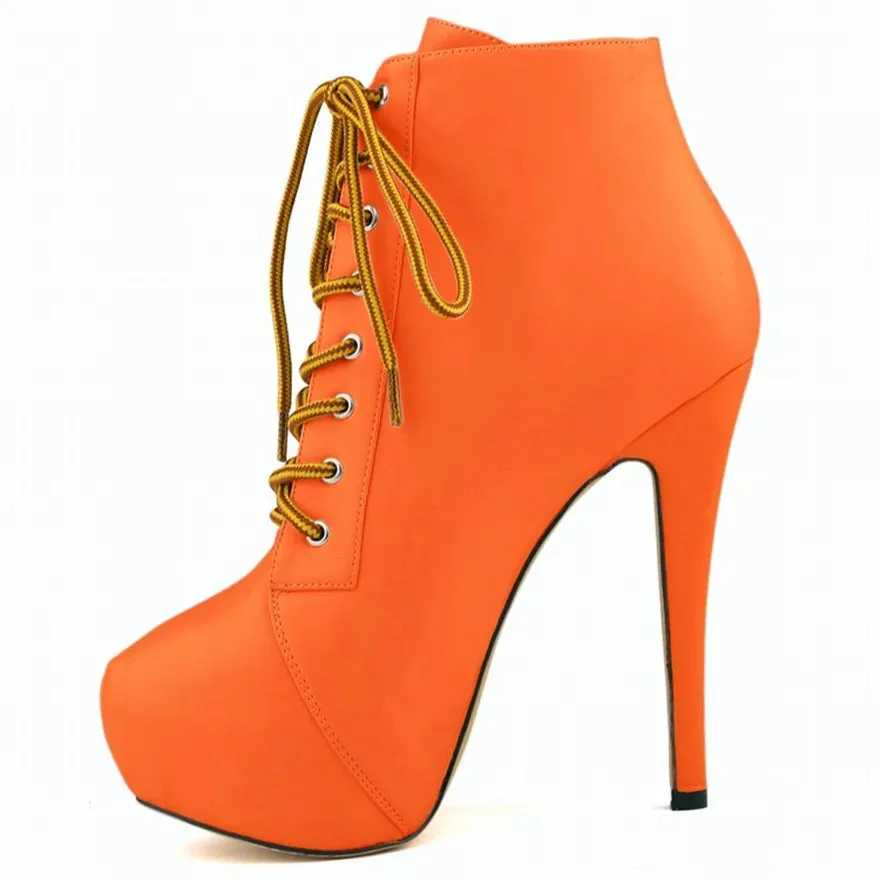 Women Short Boots High Heels Platform Lace Up Retro Shoes Female Soft Leather Fashion Ankle Booties Party Round Toe