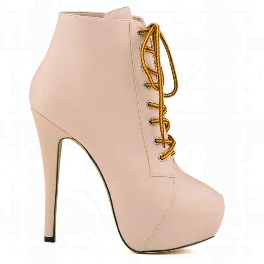 Women Short Boots High Heels Platform Lace Up Retro Shoes Female Soft Leather Fashion Ankle Booties Party Round Toe