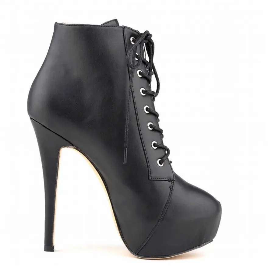 Women Short Boots High Heels Platform Lace Up Retro Shoes Female Soft Leather Fashion Ankle Booties Party Round Toe