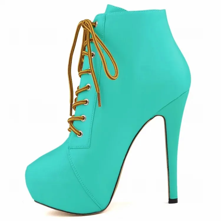 Women Short Boots High Heels Platform Lace Up Retro Shoes Female Soft Leather Fashion Ankle Booties Party Round Toe