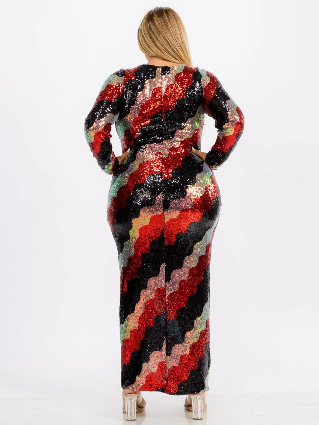 WOMEN'S LONG SLEEVE BODYCON COLORBLOCK SEQUINS MAXI DRESS