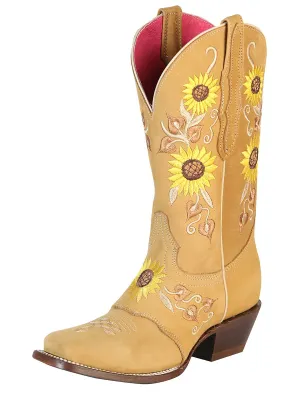 Women's Nubuck Leather Sunflower Embroidered Rodeo Cowboy Boots 'El General' Honey Color 51143