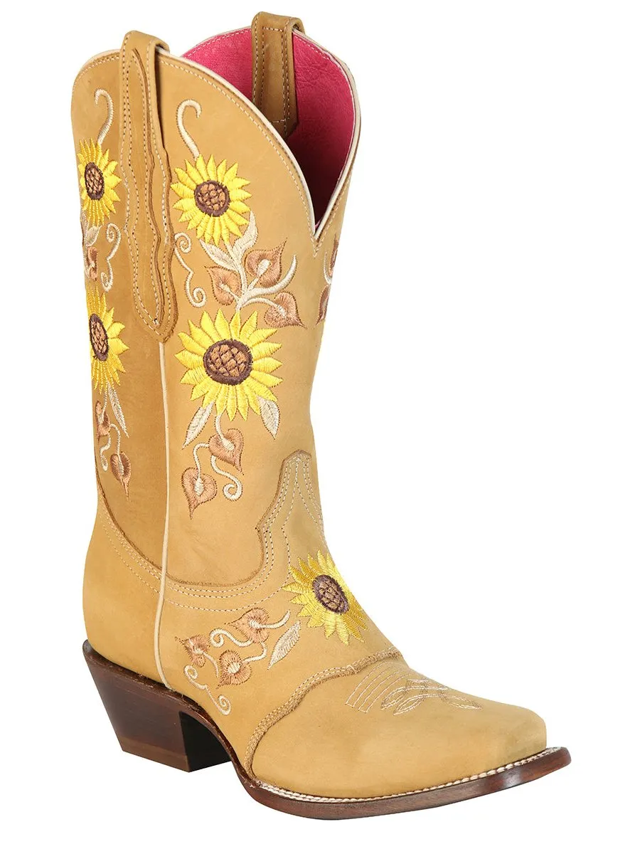 Women's Nubuck Leather Sunflower Embroidered Rodeo Cowboy Boots 'El General' Honey Color 51143