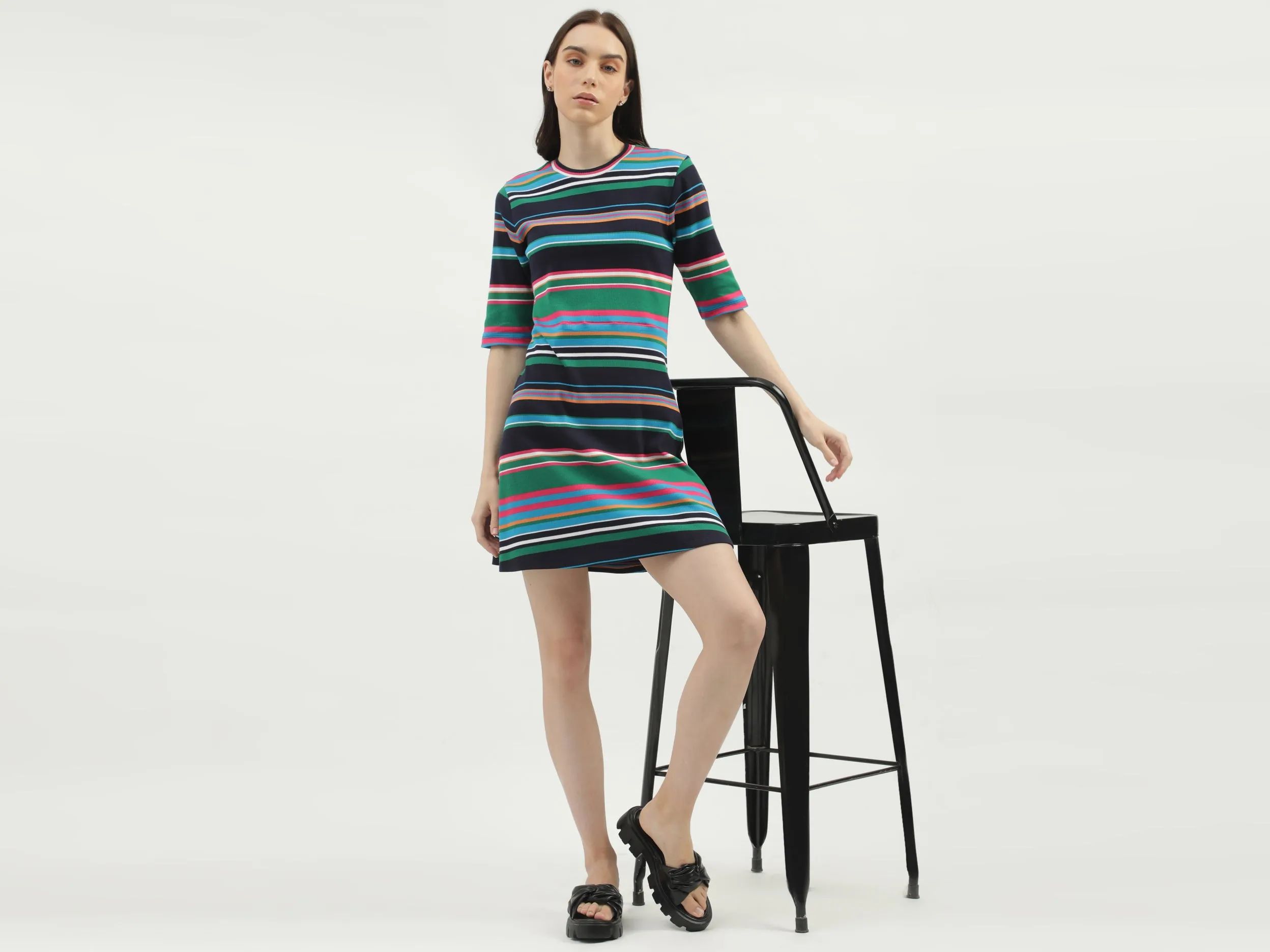 Women's Regular Fit Round Neck Striped Dresses