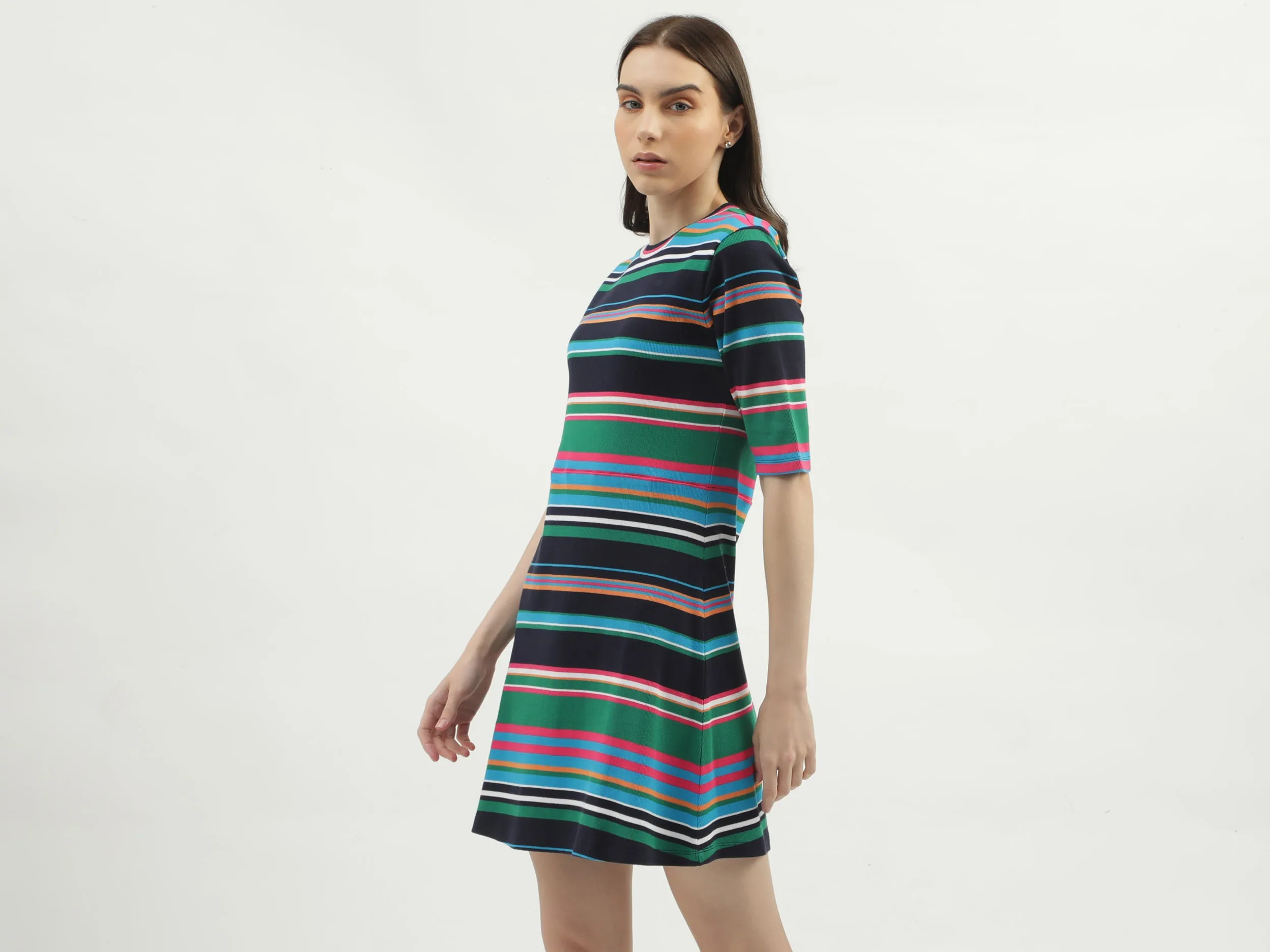Women's Regular Fit Round Neck Striped Dresses