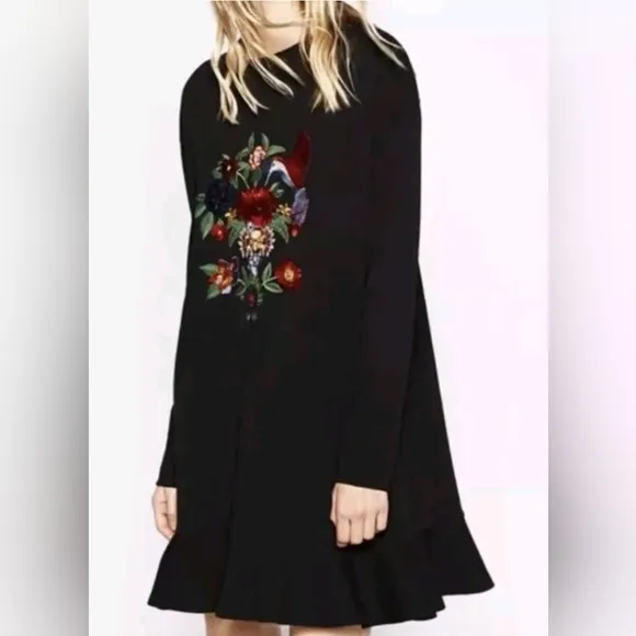 Zara black multicolor embroidered floral dress with sequins size Large