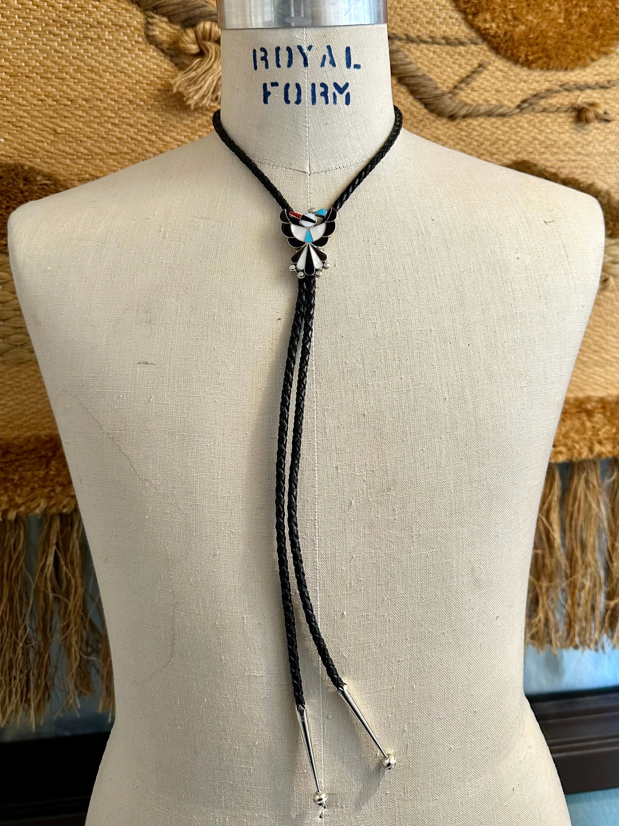 ZUNI PEYOTE BIRD Multi-Stone Inlay Sterling Silver Bolo Tie w/ Leather Cord
